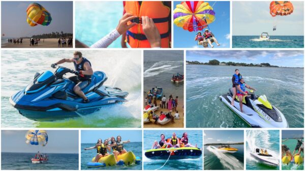 Tourists enjoying 5in1 Goa Water Sports Combo at Baga Beach – includes Jet Ski, Banana Ride, Parasailing, Speed Boat & Bumper Ride