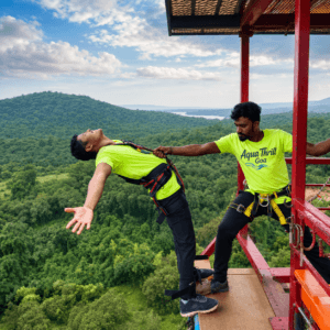 Aqua Thrill Goa staff assisting a guest during a bungee jump adventure above a lush green valley in Goa.