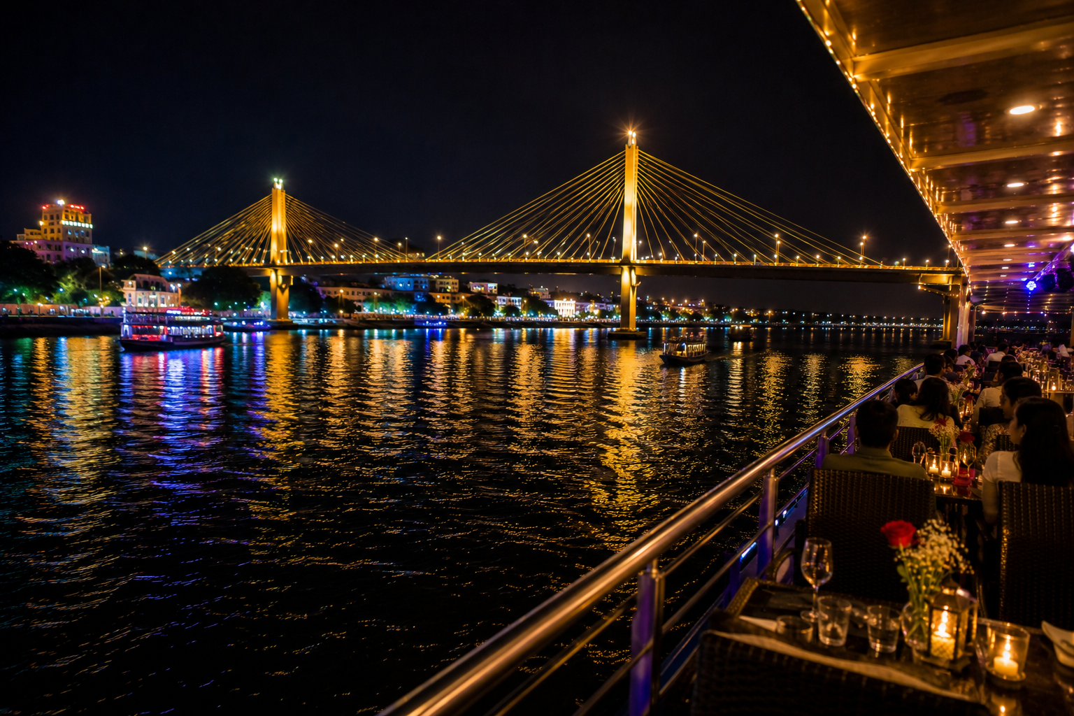Mandovi bridge and Panjim lights near Goa dinner cruise