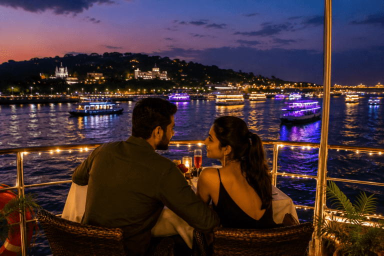 Couple cruise booking in Goa with evening river views and cruise atmosphere
