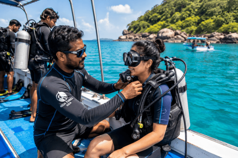 Goa scuba diving instructor helping beginner prepare for scuba experience