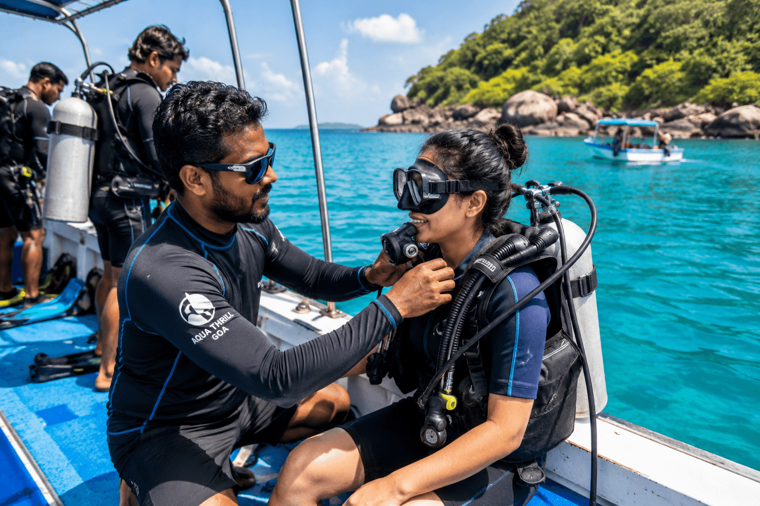 Goa scuba diving instructor helping beginner prepare for scuba experience