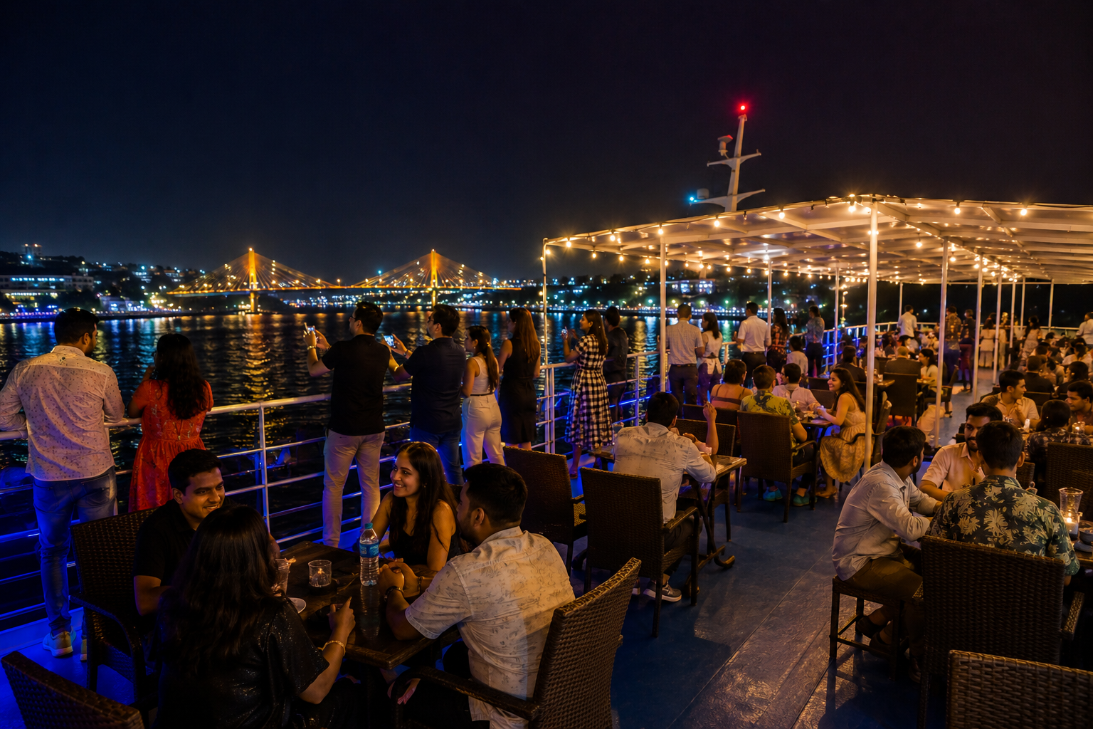 People enjoying upper deck on Goa dinner cruise