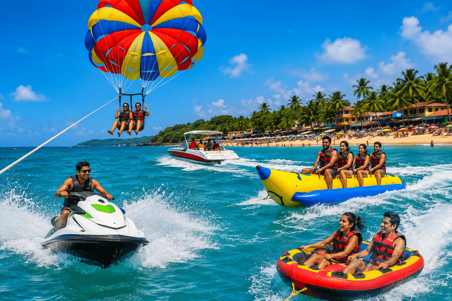 Water sports activities in Goa including parasailing jet ski and banana ride