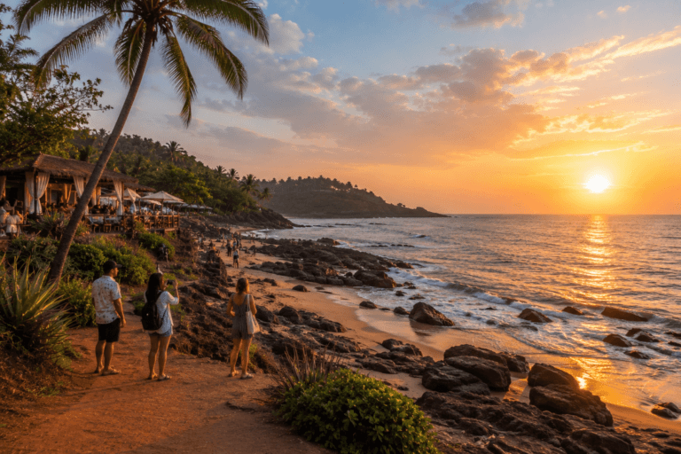 Anjuna Beach Goa with rocky shore, sunset view, flea market and cafe travel guide