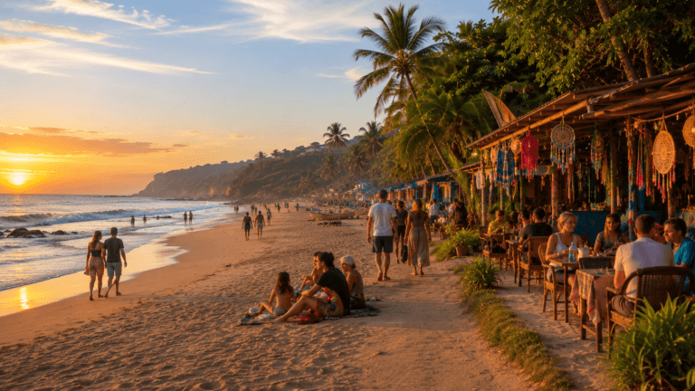 Arambol Beach Goa at sunset with beach cafes, curved shoreline and visitors enjoying the North Goa coast