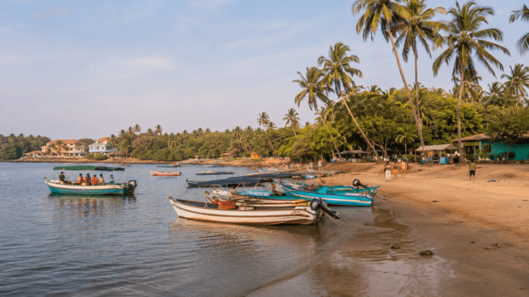 Coco Beach Goa near Nerul with boat trip area, palm trees, visitors, calm shoreline and river side coastal view