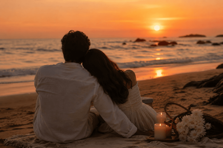 Couple enjoying Goa beach sunset with holiday package activities