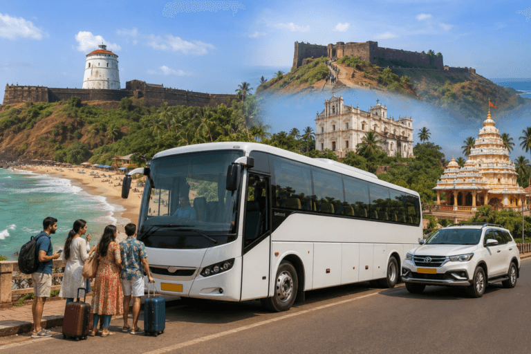 Goa Darshan tour bus and private cab for North Goa and South Goa sightseeing
