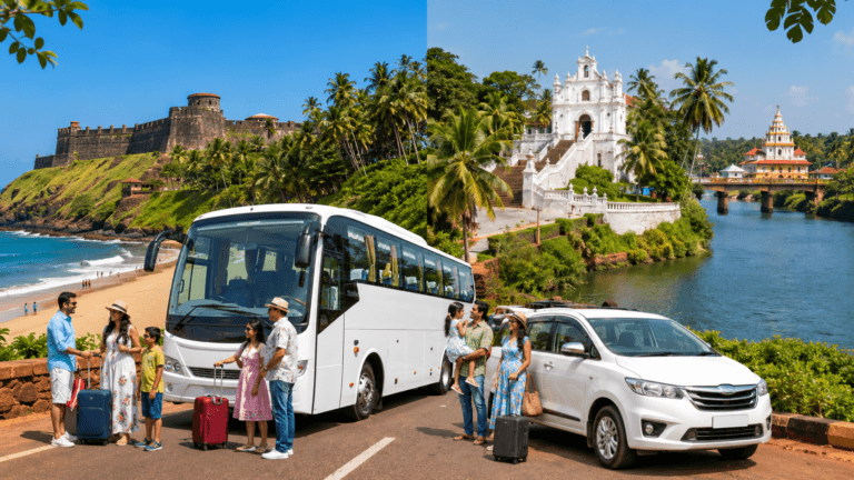 Goa Darshan Tour with sightseeing bus, private cab, North Goa beach, fort, South Goa church and temple views