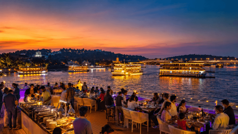 Goa dinner cruise and boat cruise on Mandovi River in Panjim with evening lights