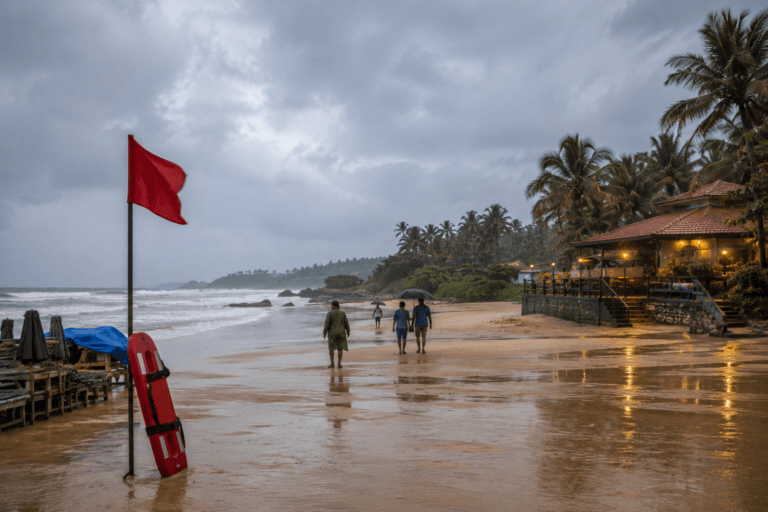 Goa monsoon beach with rough sea, safety flag and private beach restaurant set back from shoreline