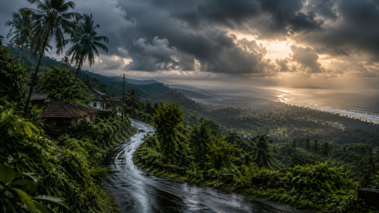 Rainy hillside road and lush green coastal view in Goa during July monsoon weather