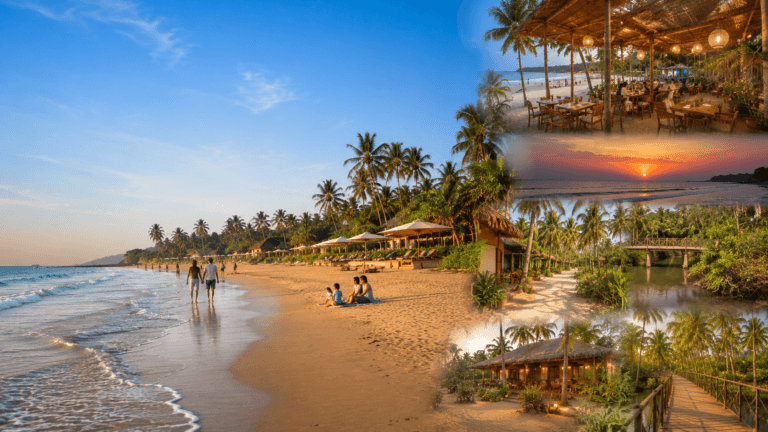 Mandrem Beach Goa with creek side, peaceful shoreline, cafes, coconut trees and sunset view