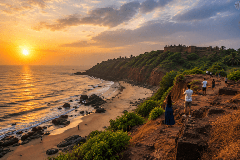 Vagator Beach Goa with Chapora Fort hill, red cliffs, wide beach cove and sunset view