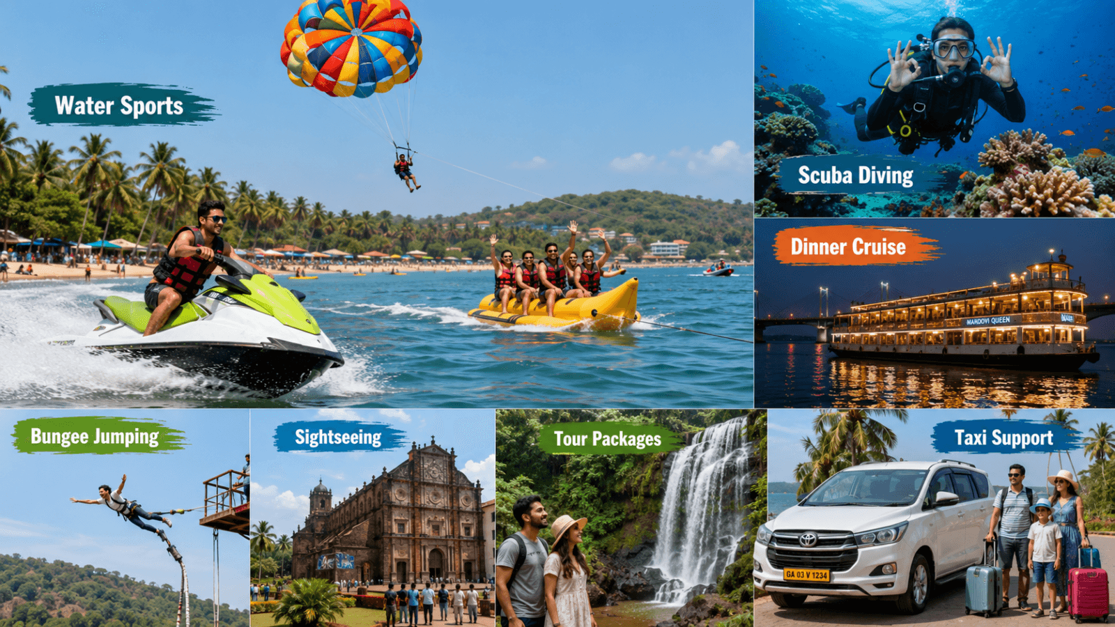 Goa activities price list 2026 showing water sports, scuba diving, dinner cruise, bungee jumping, sightseeing, tour packages and taxi support