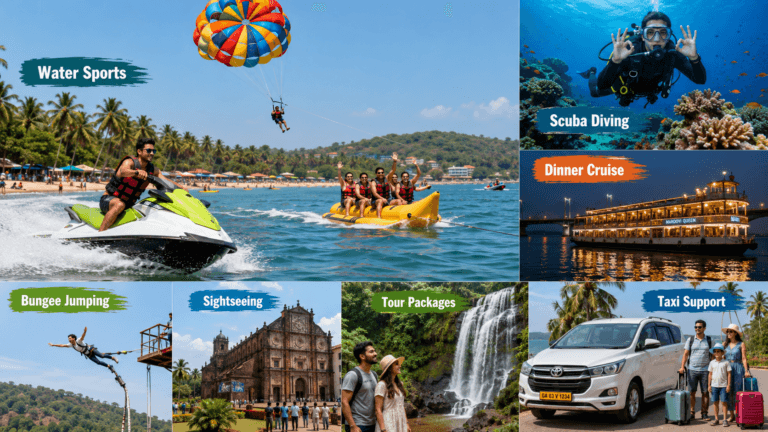 Goa activities price list 2026 with water sports, scuba diving, dinner cruise, bungee jumping, sightseeing and tour package options