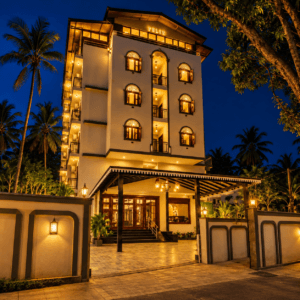 Main entrance and hotel building of Casa Pearl by WS lit up at night in Calangute Goa