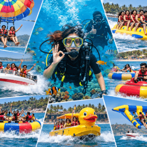 Paradise Beach scuba diving with water sports Gold Package in Goa featuring scuba diving, parasailing, jet ski, banana boat ride, bumper ride, speed boat, flying fish ride, duck boat ride and disco bumper ride