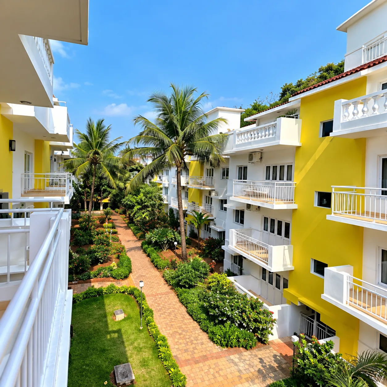 Garden walkway between resort blocks with balconies and palm trees at Resorte Village Royale Calangute