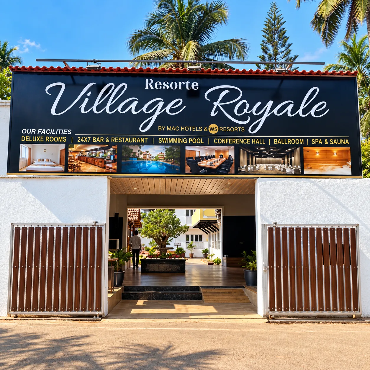 Entrance gate of Resorte Village Royale resort in Calangute Goa with facilities board