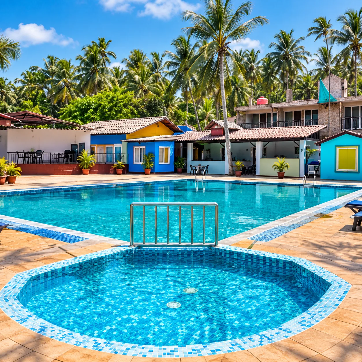 Outdoor swimming pool with kids pool surrounded by palm trees at Resorte Village Royale Calangute