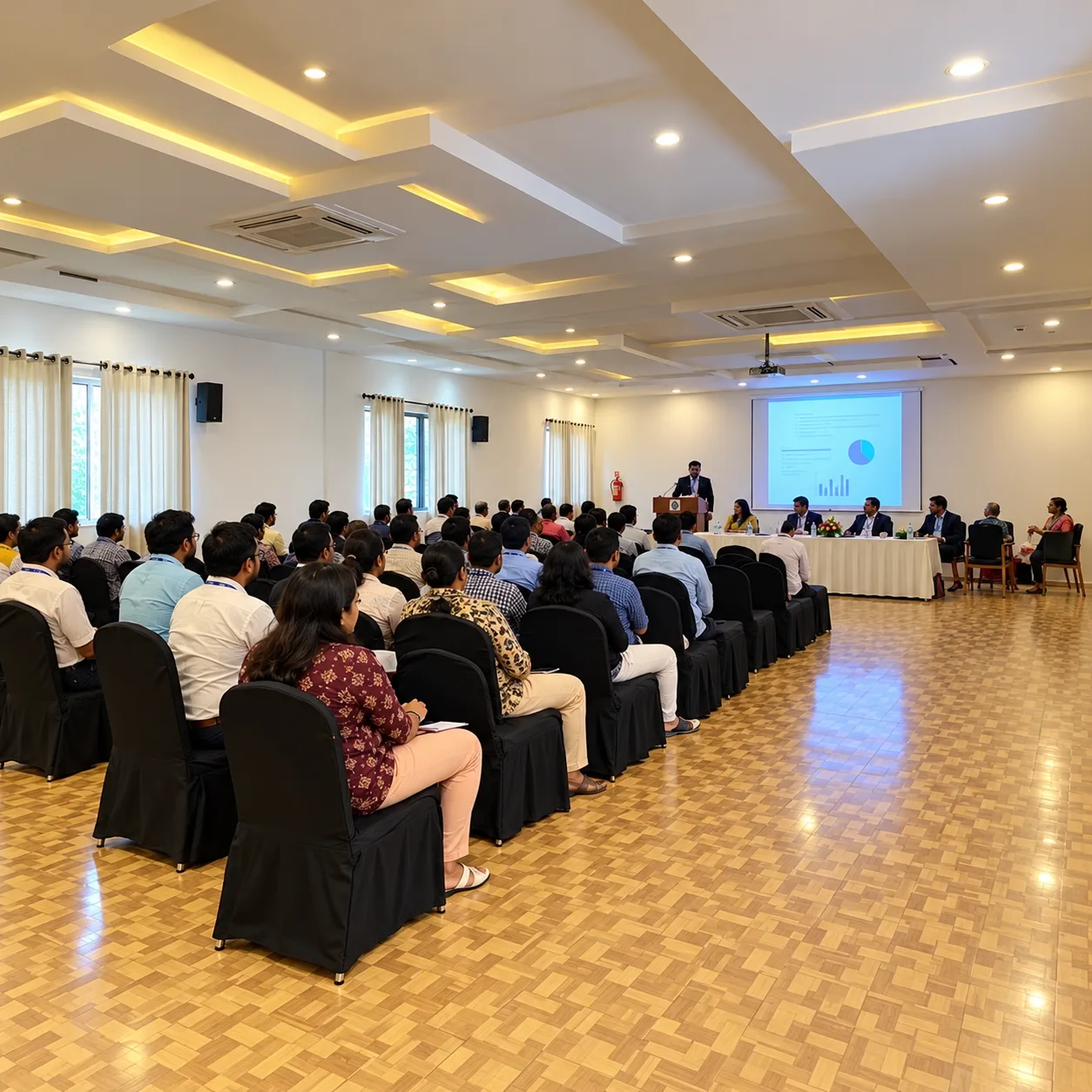Conference hall with stage and seating for events at Resorte Village Royale Calangute Goa