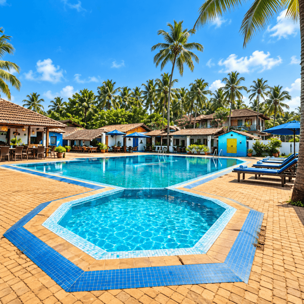 Swimming pool with sun loungers and palm trees at Resorte Village Royale Calangute Goa