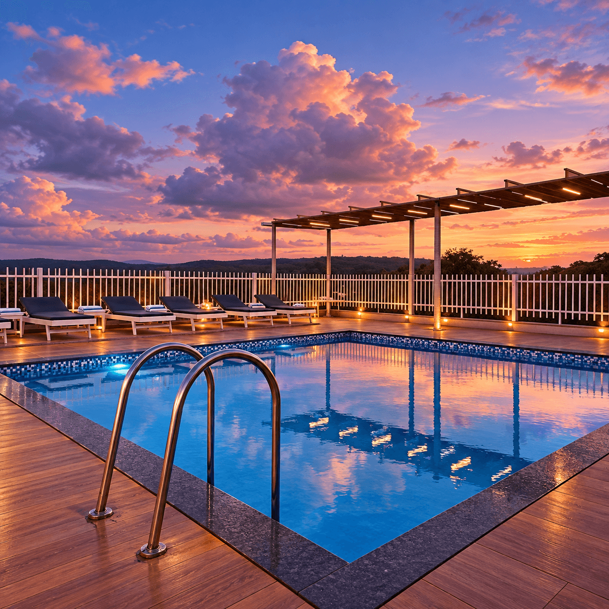 Rooftop pool with sun loungers at sunset at Vagator Downtown by WS Goa