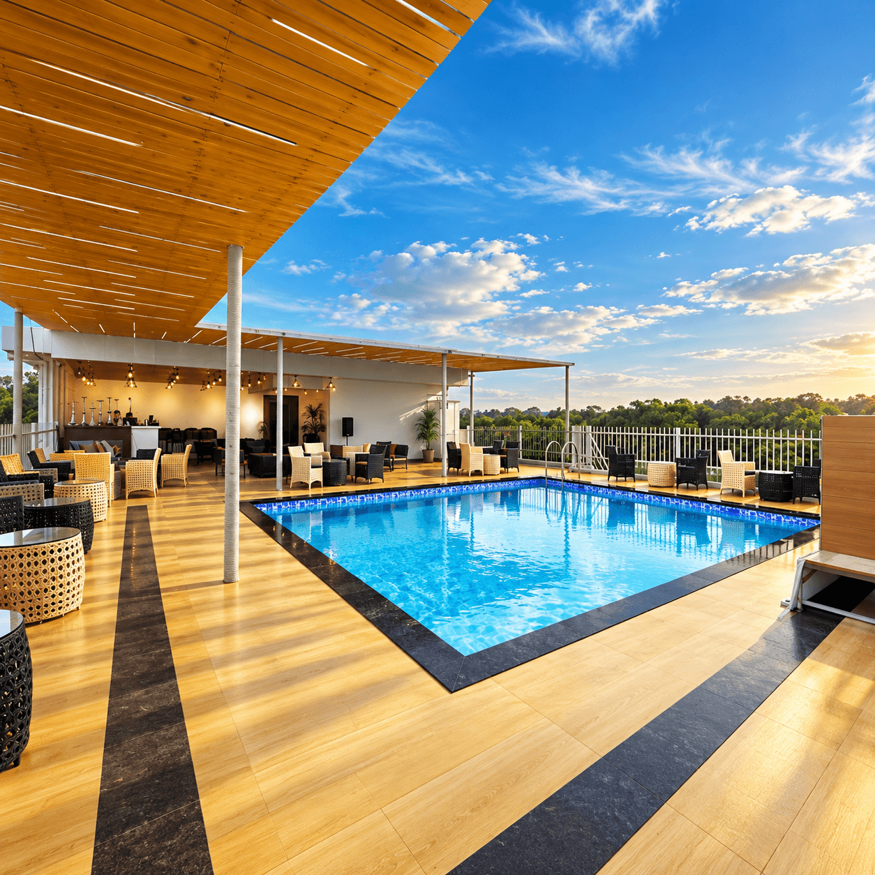 Rooftop swimming pool with lounge seating at Vagator Downtown by WS Vagator Goa