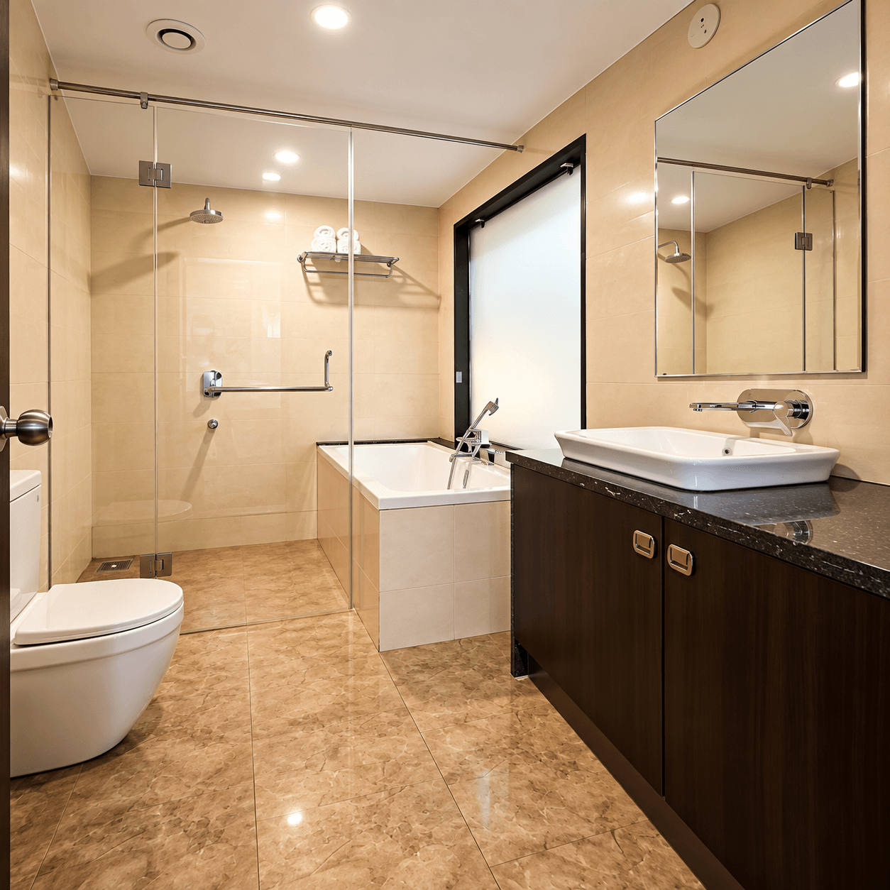 Bathroom with bathtub, glass shower and wash basin at Vagator Downtown by WS Goa