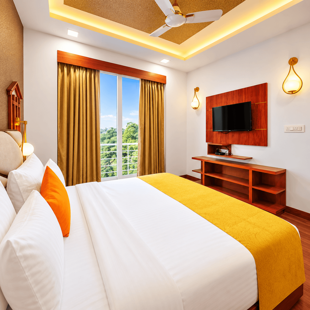 Room with balcony door, TV and orange cushions at Vagator Downtown by WS Goa