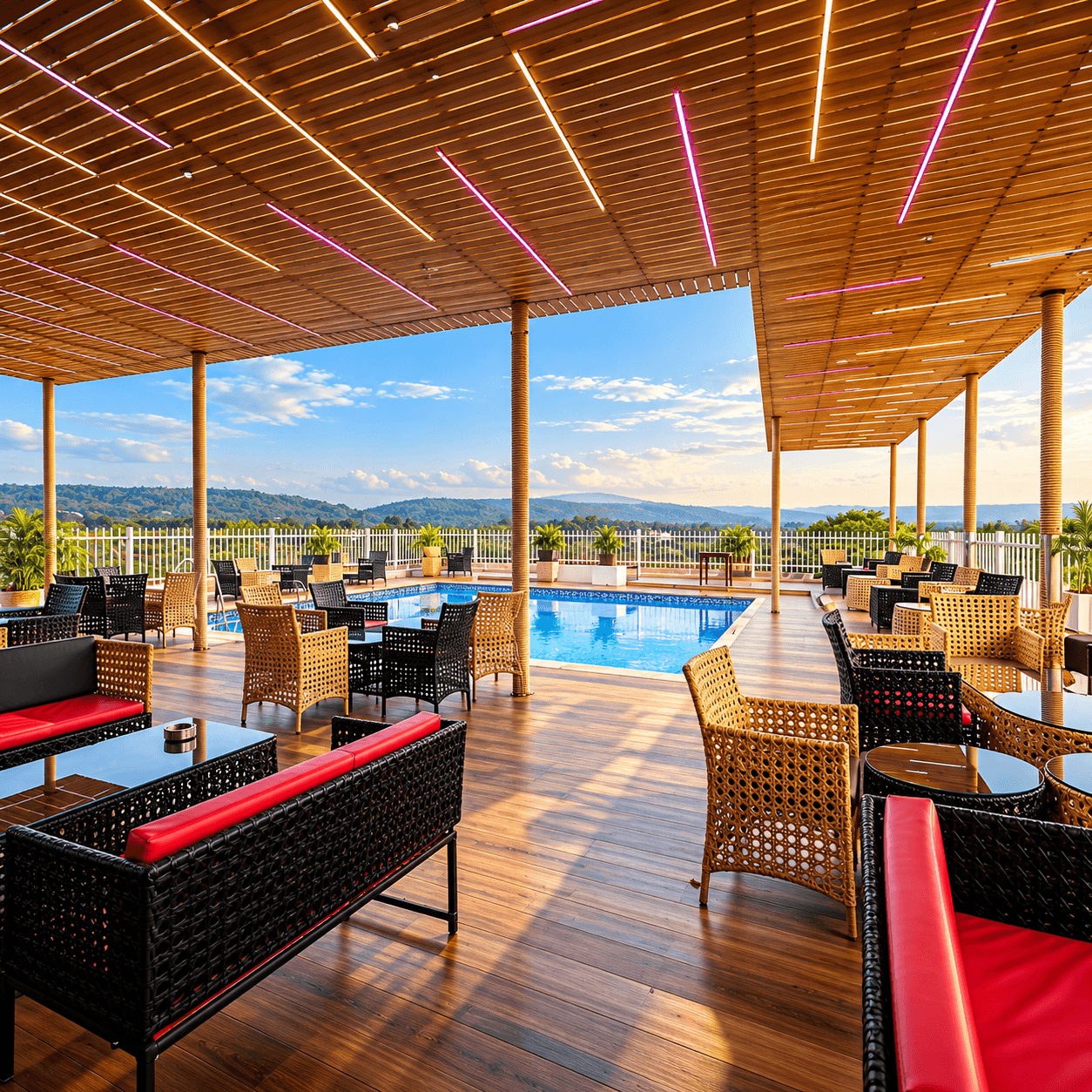 Rooftop lounge with cane seating next to the pool at Vagator Downtown by WS Goa