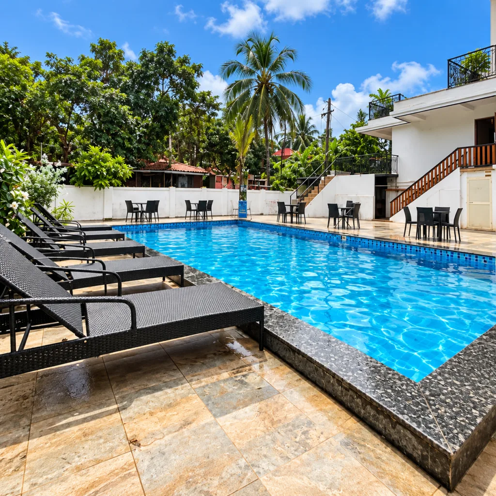 Outdoor swimming pool with sun loungers at WS Beach Resort & Spa Calangute Goa